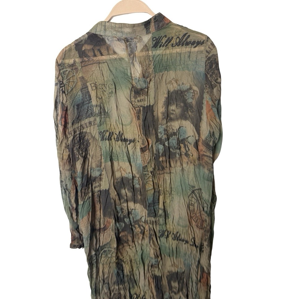 Pretty‎ Angel Silk Blend tunic newspaper/silhouette print sheer button blouse M - Picture 4 of 4